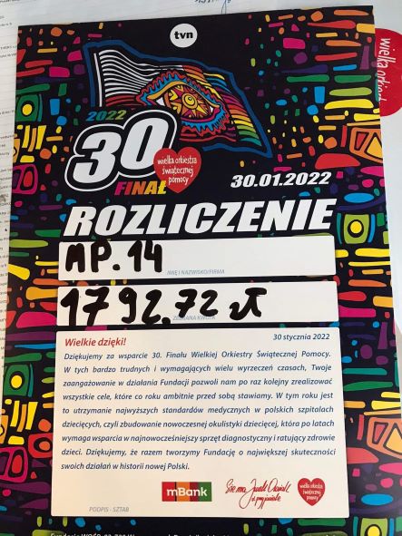 Zebrana kwota na Wielką Orkiestrę Świątecznej Pomocy 1792,72 zł