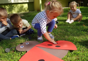 dziecko liczy kropki papierowej biedronki w ogrodzie przedszkolnym